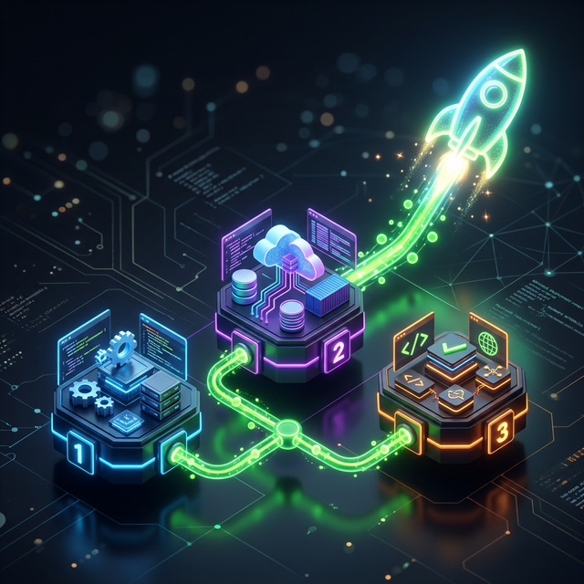 Conceptual diagram showing a 3-step deployment process leading to launch