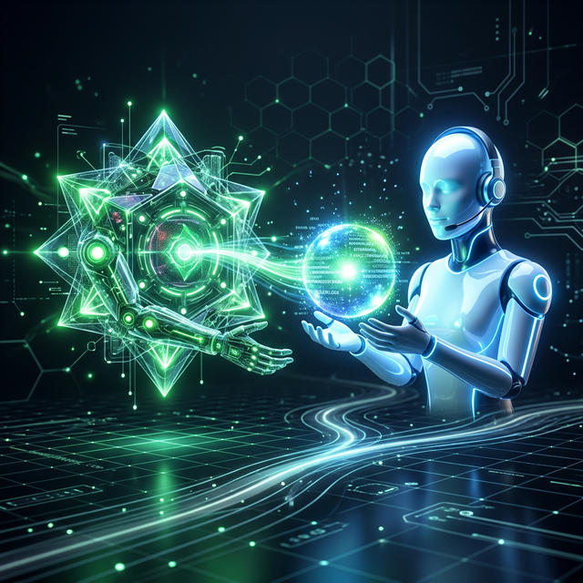 Glowing AI node passing a data sphere to a human avatar