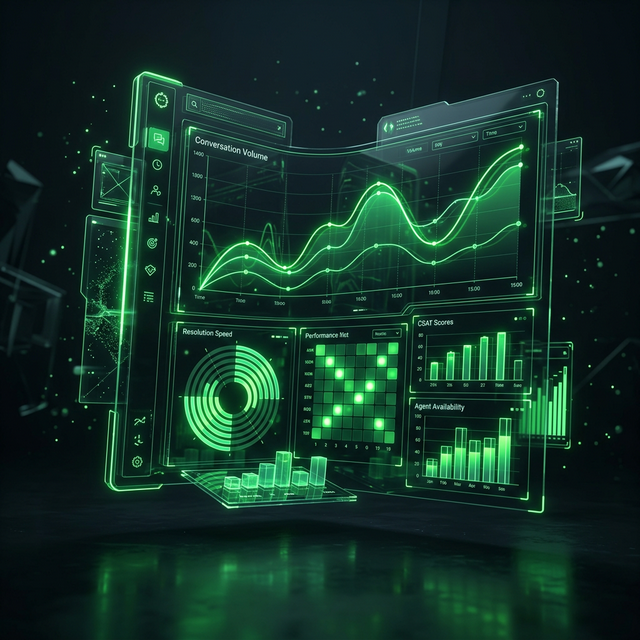 Futuristic customer support analytics dashboard with glowing charts