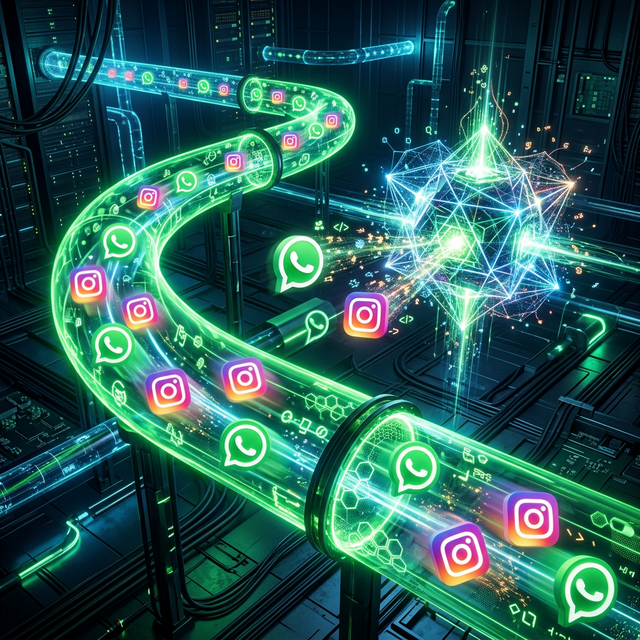 WhatsApp and Instagram data pipeline flowing into an AI core